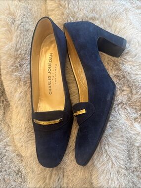Charles Jourdan Navy Suede Loafers with Gold Accent Bar. Navy blue